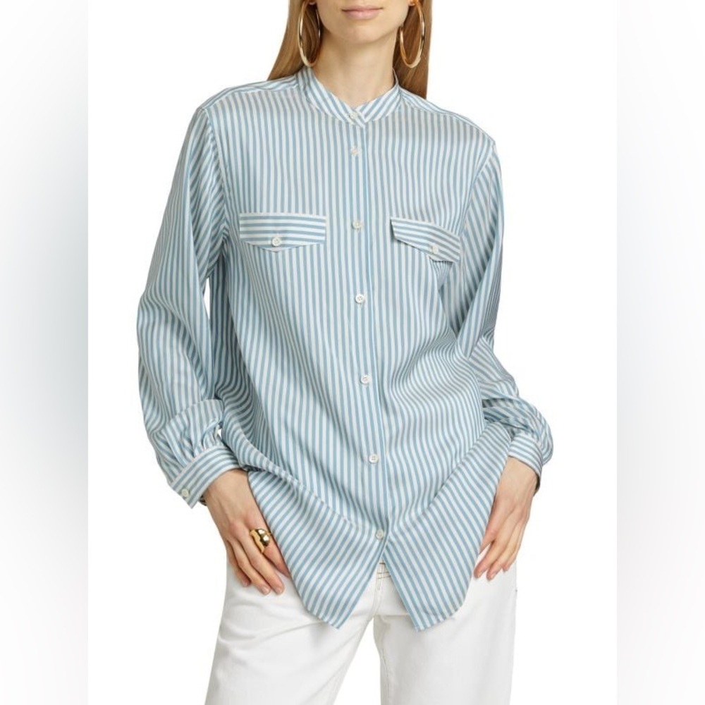 FRAME
Femme Pocket Striped Silk Shirt 
perfect summer pic for day or night